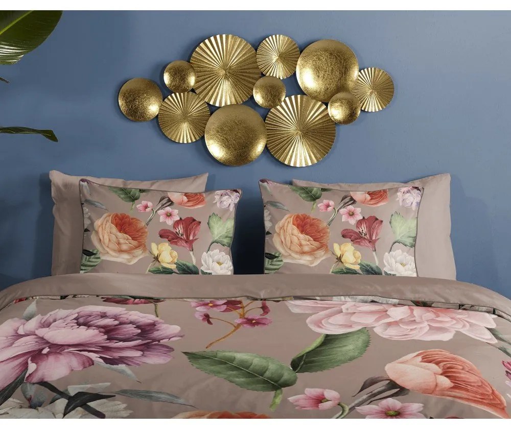 Szara/brązowa pościel dwuosobowa z satyny bawełnianej 240x220 cm Fiori – Descanso
