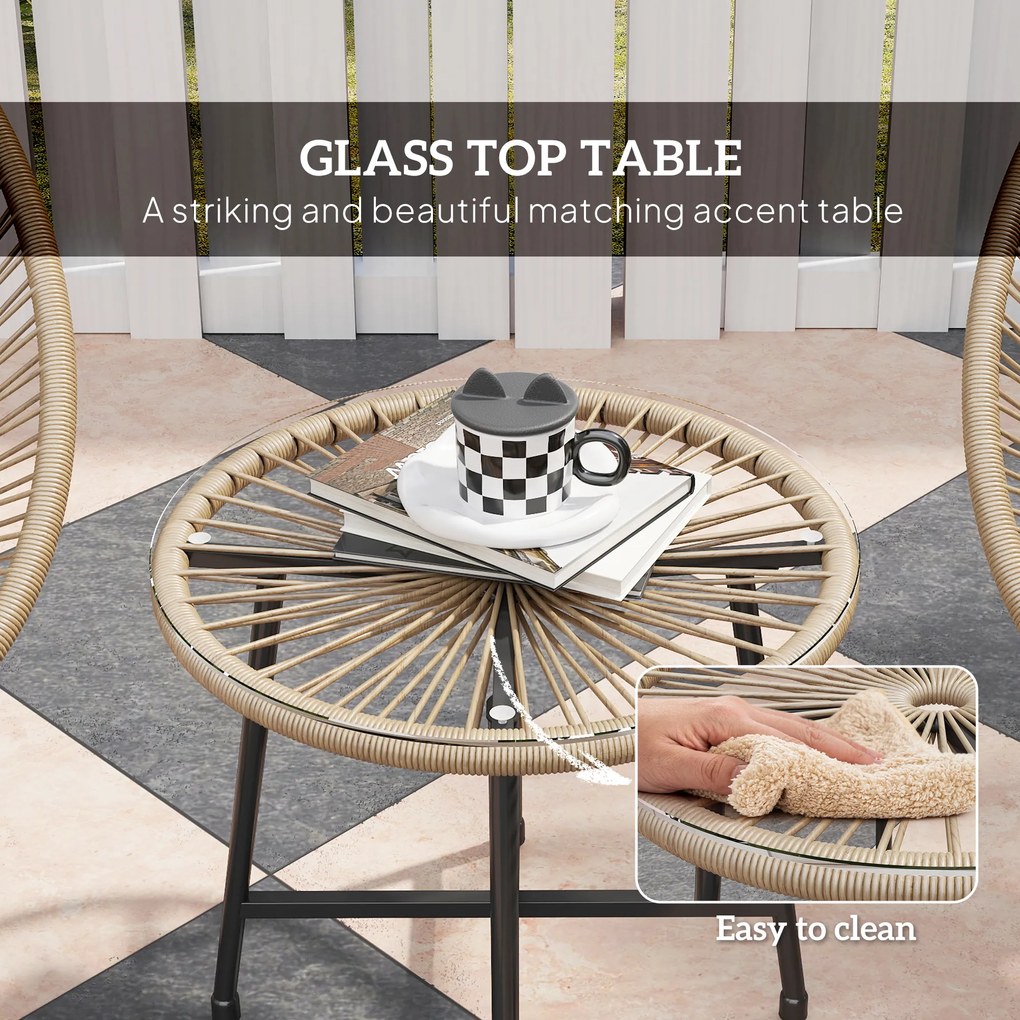 Outsunny 3-częściowy zestaw mebli ogrodowych, 2 krzesła z polirattanu, 1 stolik ze szklanym blatem, stalowa rama, Meble ogrodowe, Jasnobrązowy