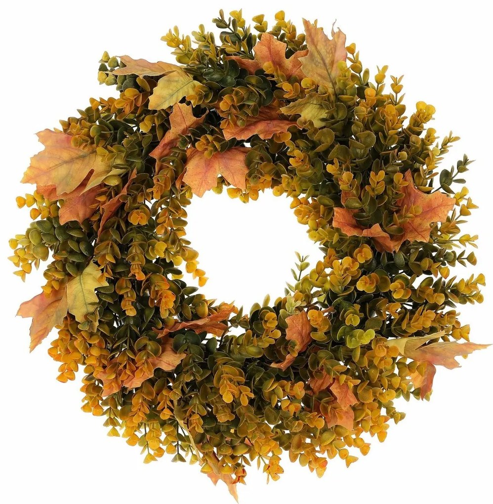 Jesienny wieniec sztuczny z liści eukaliptusa iklonu, średnica 40 cm, pomarańczowo-zielony