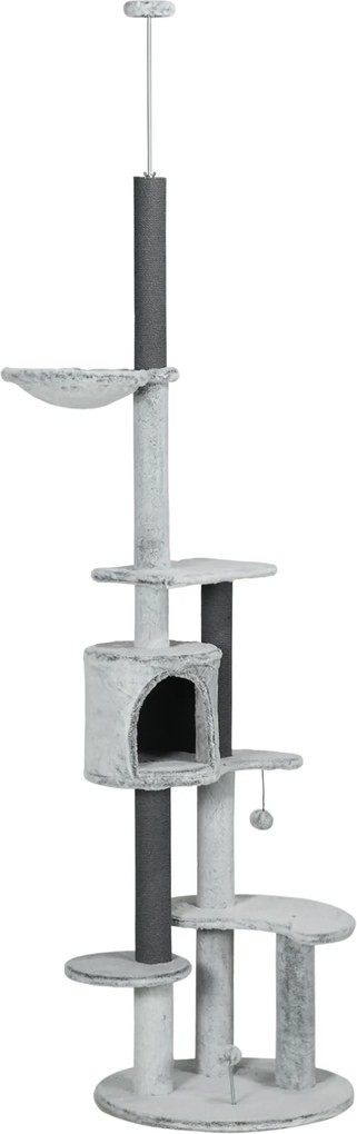 PawHut Drapak dla Kotów z Napinaczem Sufitowym, Hamakiem, Domkiem, Platformami, Piłką, 225-255cm, Szary