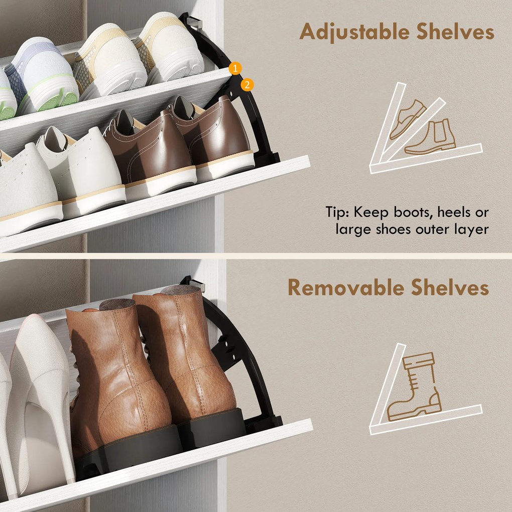 HOMCOM Szafka na buty z 2 klapami, uchylna szafka z regulowanymi przegrodami, otwartą półką na 12 par butów 89 x 25 x 92 cm biała | Aosom PL