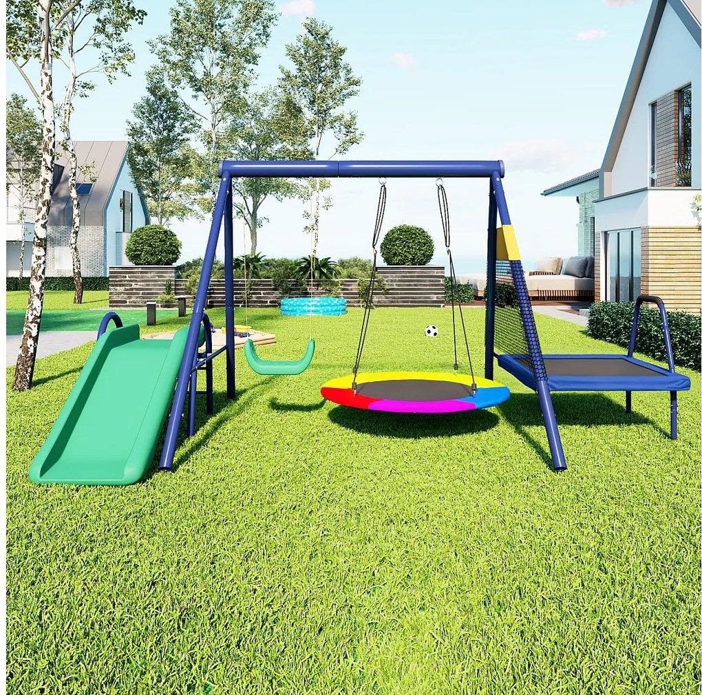 Zestaw huśtawek dla dzieci, wielofunkcyjne huśtawki zewnętrzne - 335 x 198 x 183 cm - ze stali - ze zjeżdżalnią - niebieski