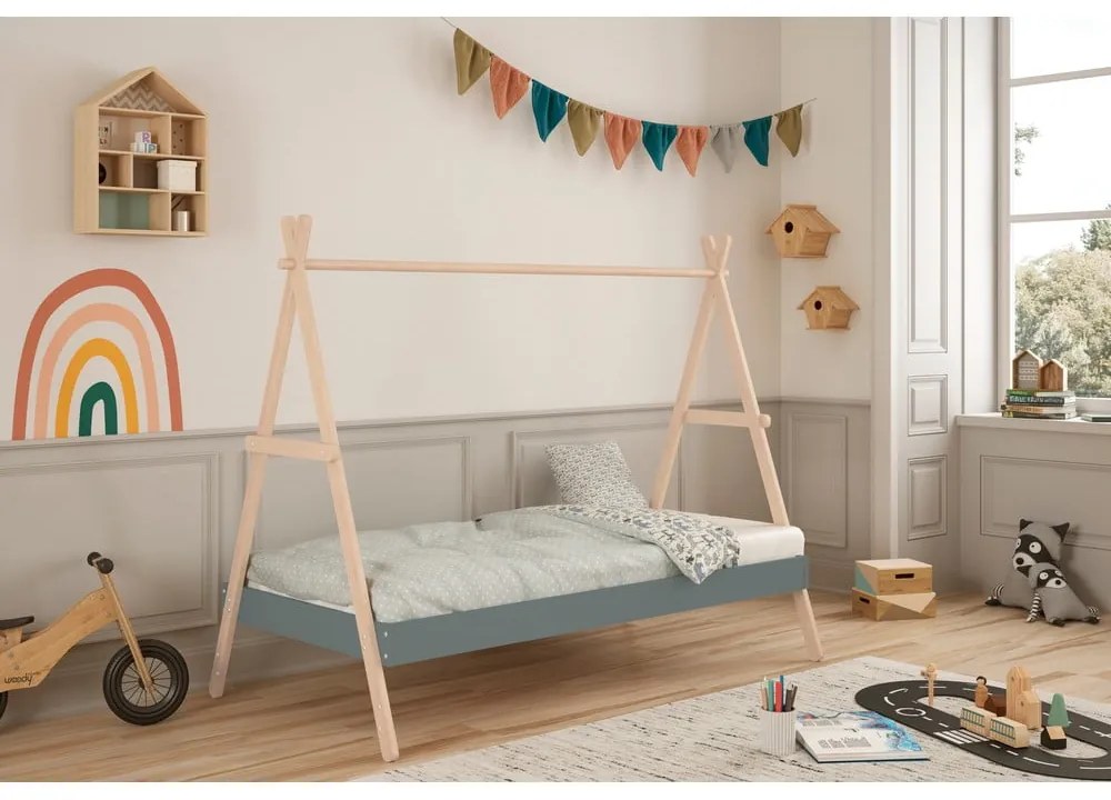 Łóżko dziecięce z litego drewna sosnowego w kształcie domku ze stelażem 90x200 cm w naturalnym kolorze/szarozielone Trufa – Marckeric