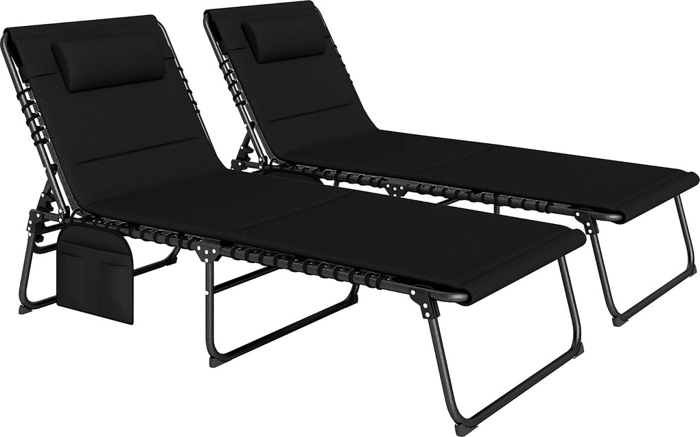Outsunny Zestaw 2 leżaków składanych z poduszką, 5-stopniowo regulowane oparcie, kieszeń boczna, czarny | Aosom PL