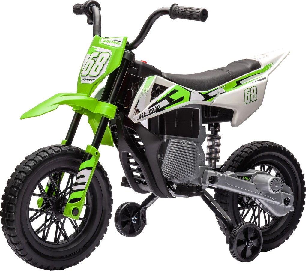 AIYAPLAY Elektryczny Motocykl dla Dzieci z Manualną Kontrolą Przepustnicy, Kołami Treningowymi, Muzyką, Zielony