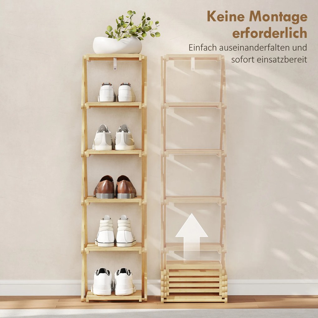 HOMCOM Regał na buty, składany stojak z 6 poziomami z bambusa, dla maks. 9 par butów, 30 x 29 x 108 cm, naturalny | Aosom PL
