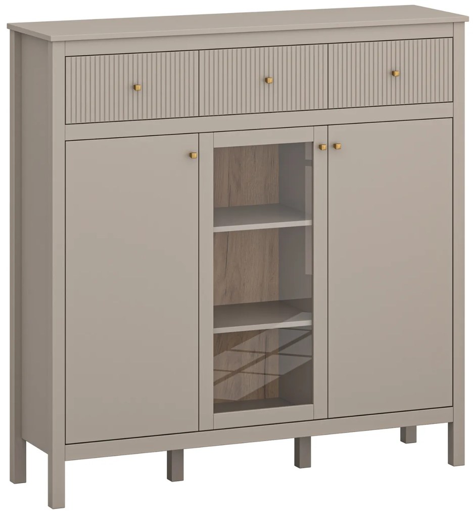 Komoda Przeszklona z Szufladami SELVIO 134 cm Taupe Ryflowana Nowoczesna