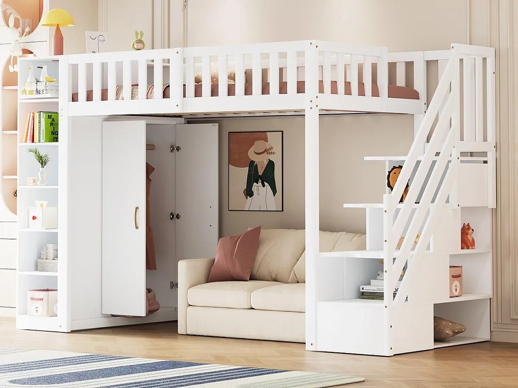 Łóżko na antresoli 90x200 cm - z półkami - z przegródkami i szafkami - z drabinką - biały (materac nie jest wliczony w cenę)