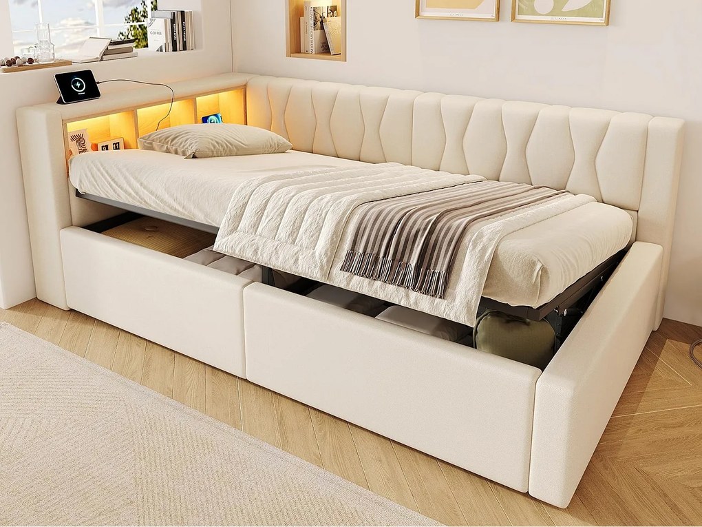 Kanapa-łóżko skrzyniowe 90x200cm - z oświetleniem LED - z półką do przechowywania + port USB - beżowa (materac nie jest dołączony)