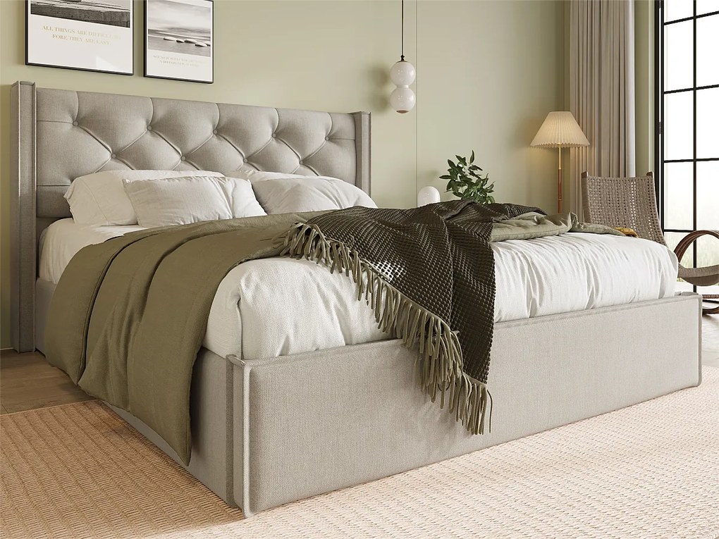 Łóżko tapicerowane 160x200cm z tkaniny bawełnianej - z stelażem na listwach - Jasnoszare