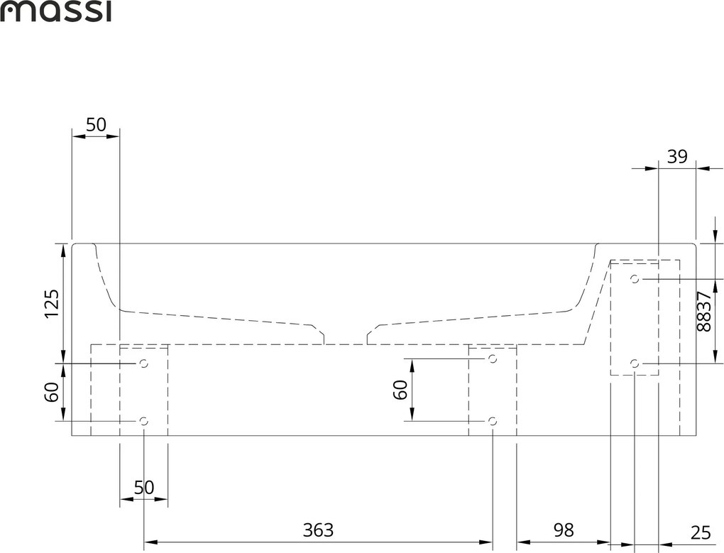 Umywalka betonowa prostokątna bez otworu na baterię 65 x 30 cm z półką ZALM i konsola