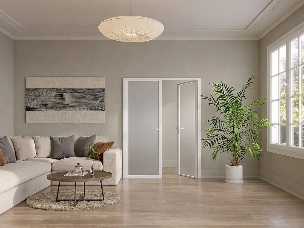 Odwracalny blok drzwiowy dwuskrzydłowy z aluminium i matowego szkła hartowanego - 2 x W204 x S73 cm - Biały - LOXTON