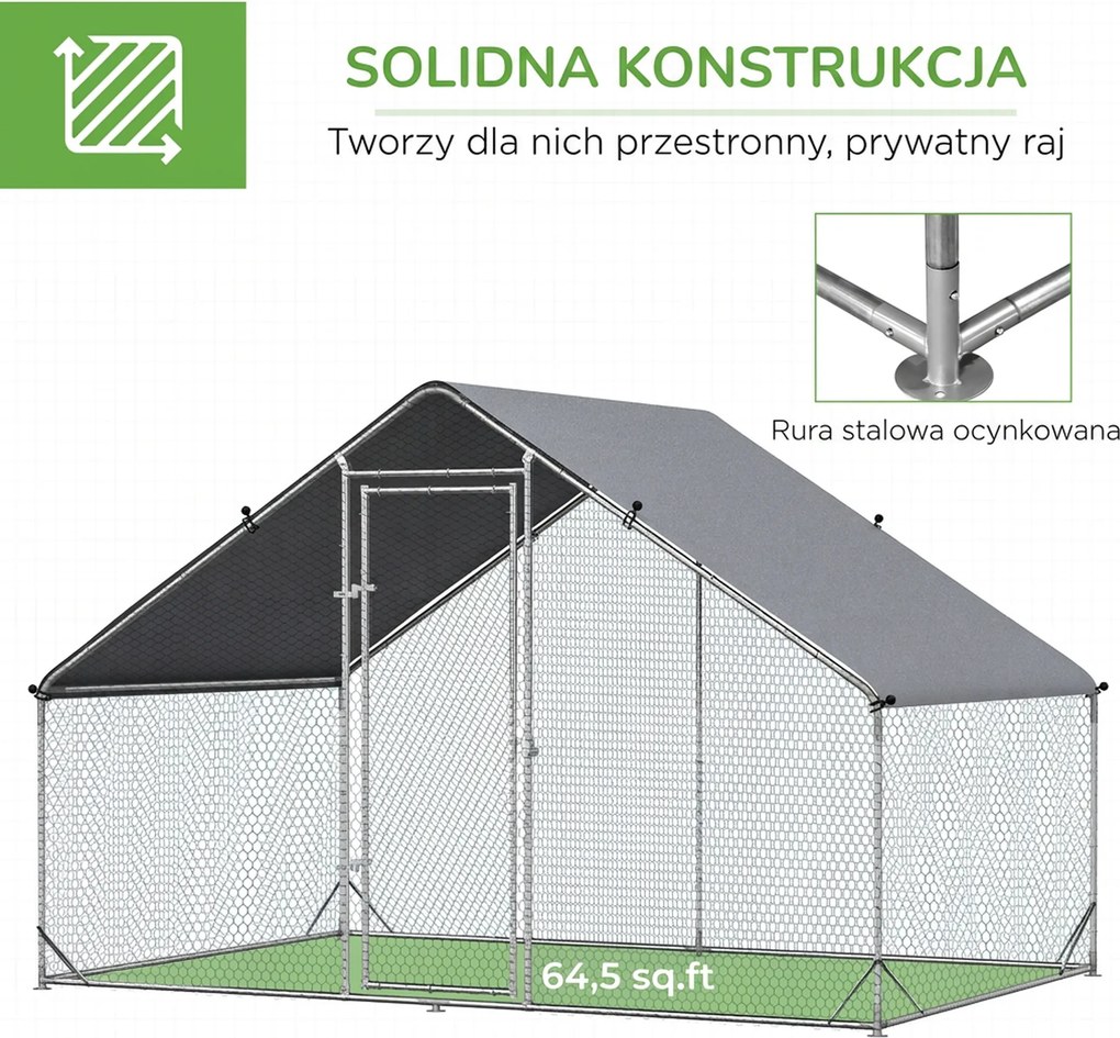 PawHut Kurnik z Wybiegiem, Woliera dla Drobiu z Osłoną Przeciwsłoneczną, Klatka dla 4-6 Kur, Kaczek, Królików, 3 x 2 x 2 m