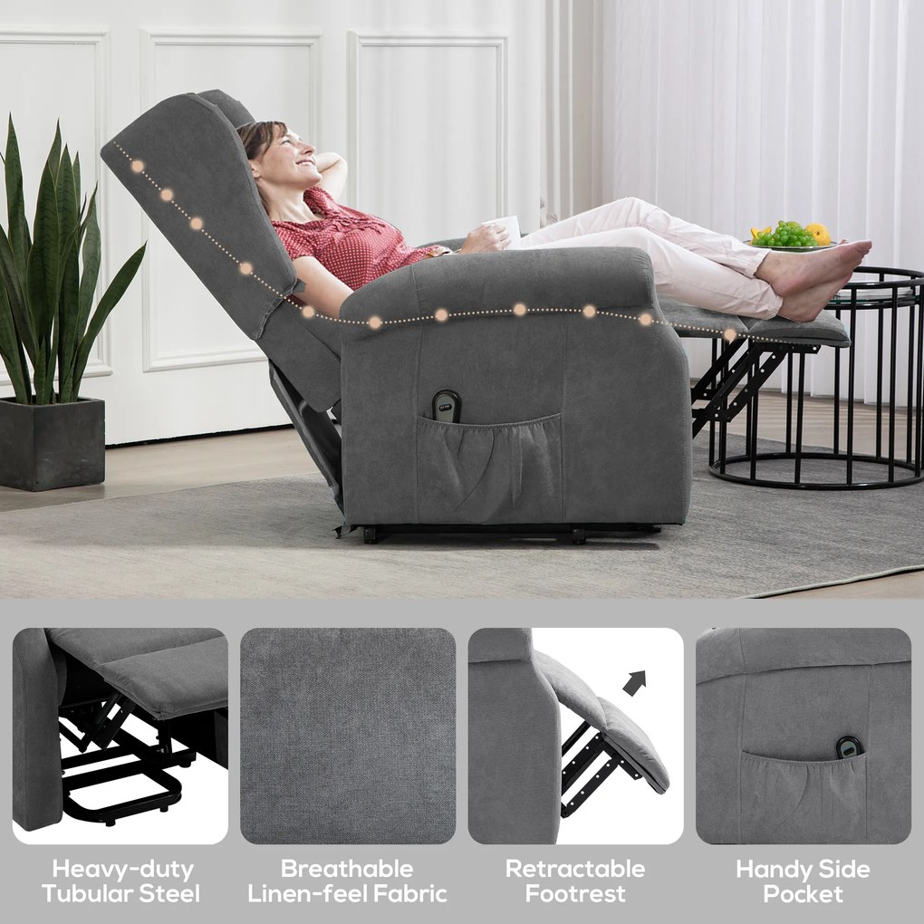 HOMCOM Fotel relaksacyjny z funkcją leżenia i pomocą przy wstawaniu do 200kg ciemnoszary 72,5x94x109cm | Aosom PL