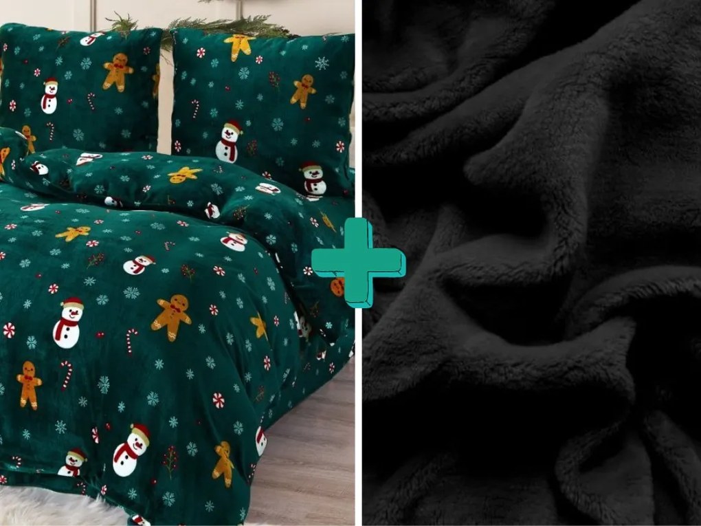 PrzytulneMieszkanie.pl PrzytulneMieszkanie.pl PrzytulneMieszkanie.pl Pościel mikropluszowa BAŁWAN I PIERNIK zielona + mikropluszowe prześcieradło SOFT 90x200 cm czarne