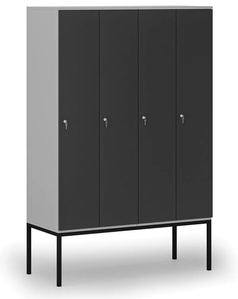 Drewniana szafa ubraniowa z podstawą, 4-drzwiowa, 1871 x 1200 x 500 mm, demontaż, zamek cylindryczny, szary/grafitowy