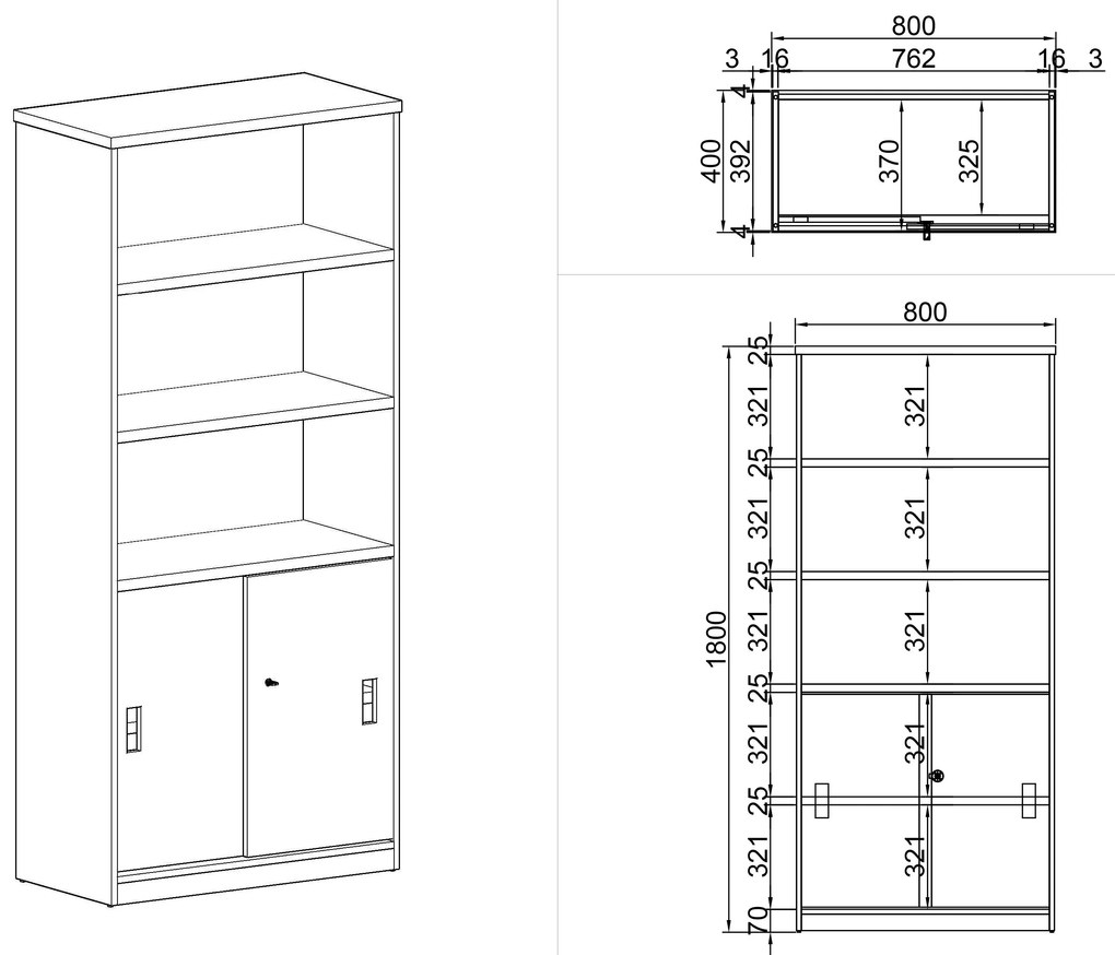 Szafa przesuwna MIRELLI A+, 800 x 400 x 1800 mm, brzoza