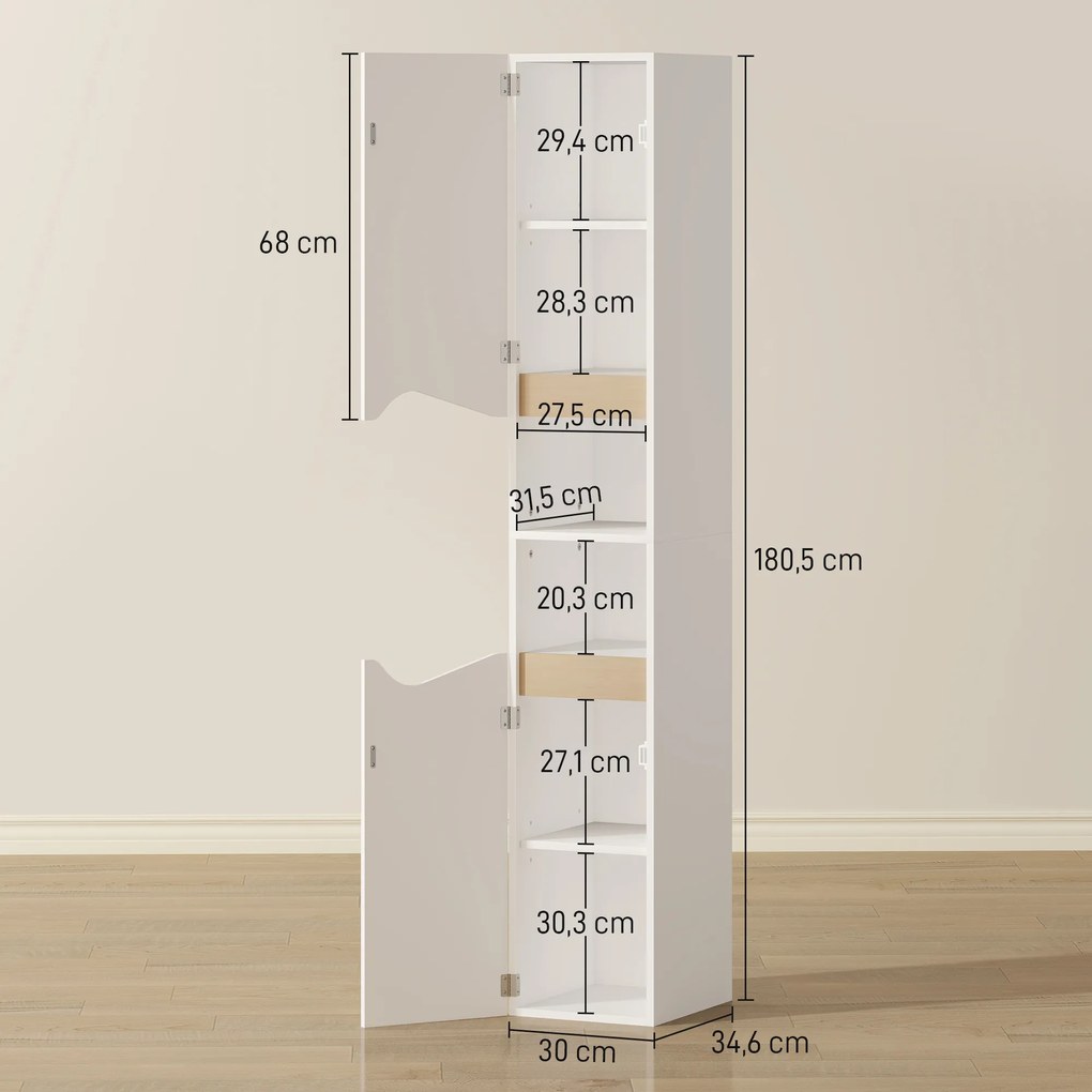 HOMCOM szafka łazienkowa wąska wysoka biała z półkami i drzwiami do łazienki regał na ręczniki 182 cm | Aosom PL