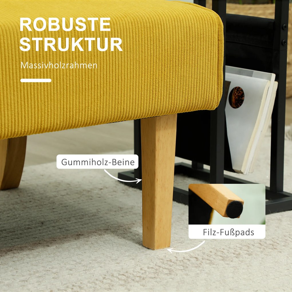 HOMCOM Sofa dwuosobowa z pokryciem kordowym, grubą tapicerką i solidnymi nogami drewnianymi do salonu, sypialni, biura, Żółty