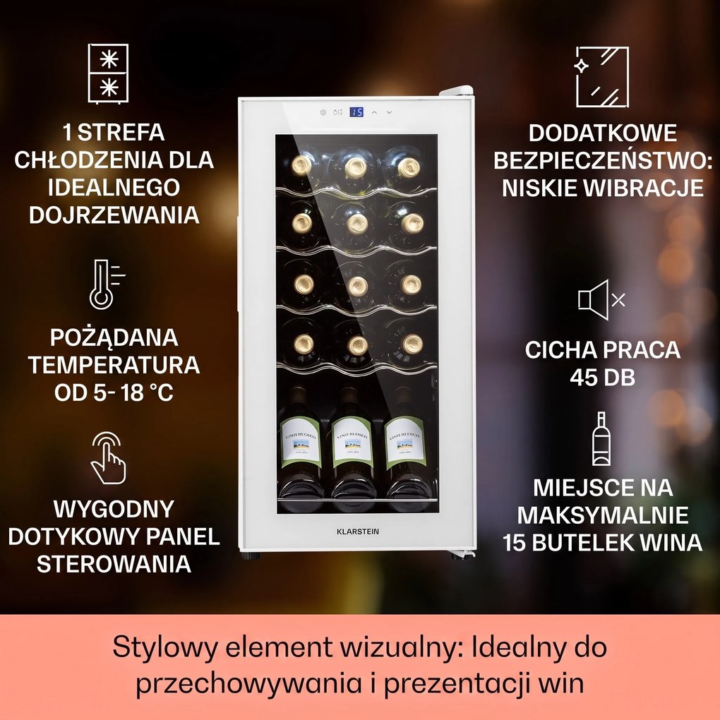 Klarstein Shiraz 35cm 15 Butelek Winiarka Wolnostojąca Biały
