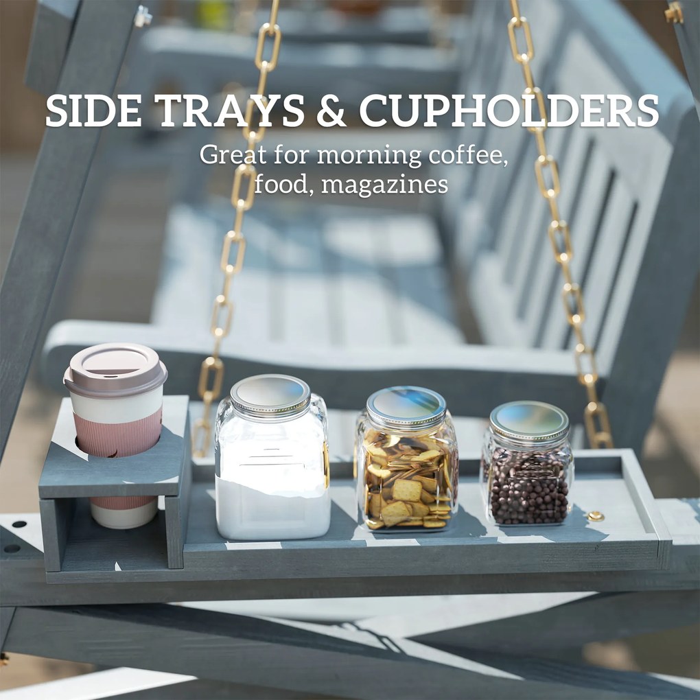 Outsunny 2-osobowa huśtawka ogrodowa z drewna, ławka bujana z półkami, uchwytami na napoje i łańcuchami, szara | Aosom PL