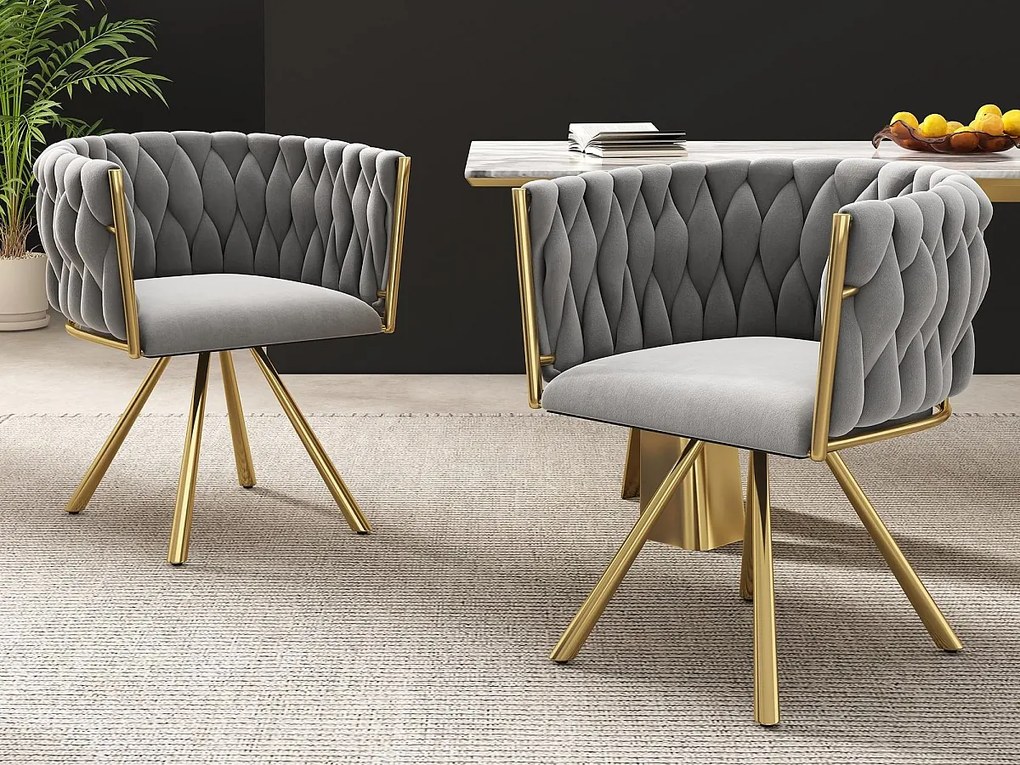 Zestaw 2 aksamitnych krzeseł obrotowych z podłokietnikami - złote metalowe nogi - Szary