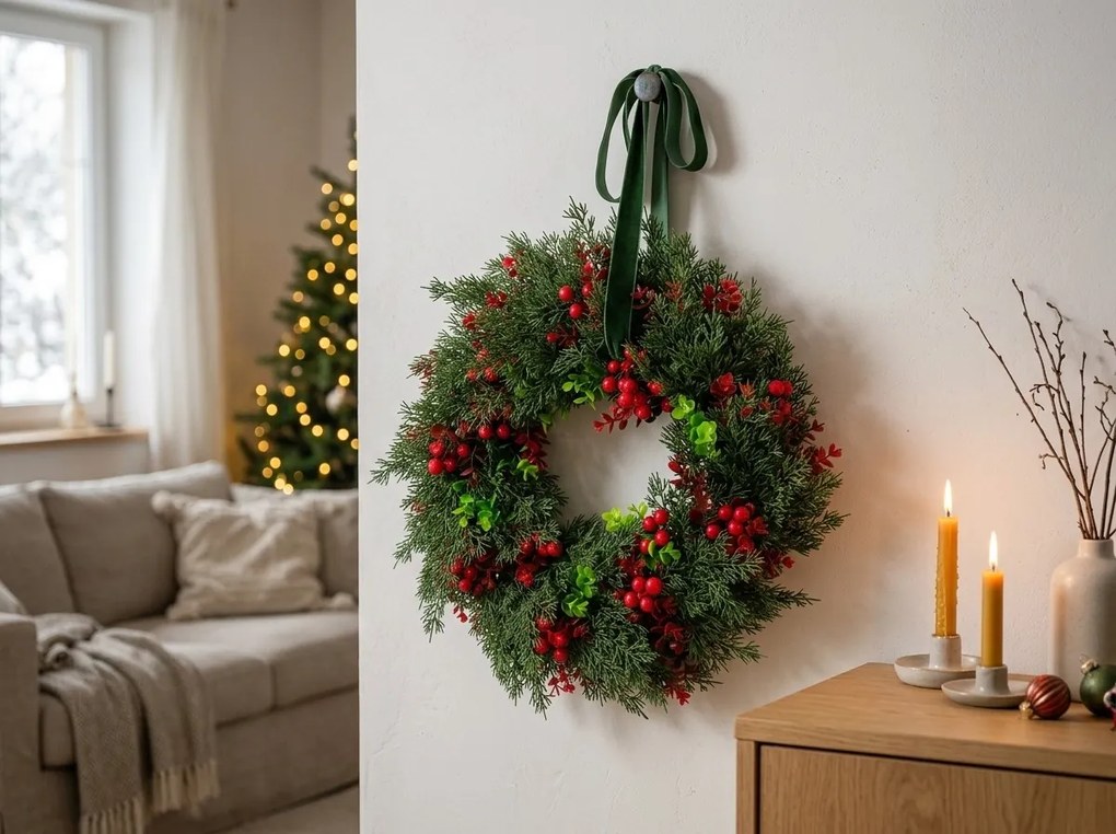 Wieniec adwentowy na drzwi RED BERRIES Ø 35 cm, zielony/czerwony
