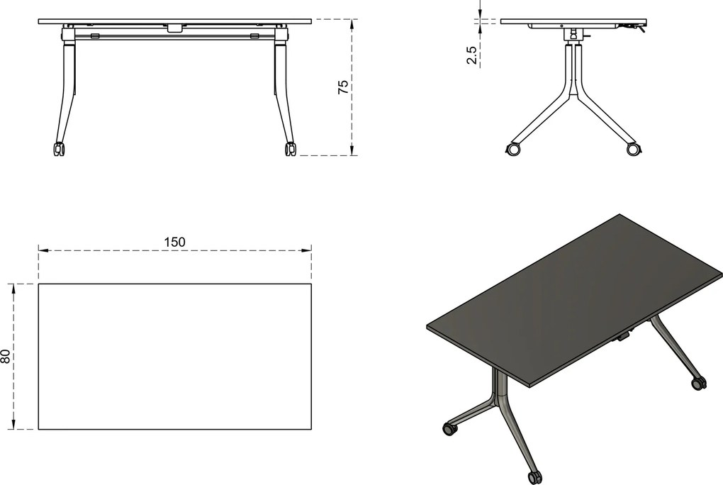Składane biurko pracownicze na kółkach Carl 150x80 cm