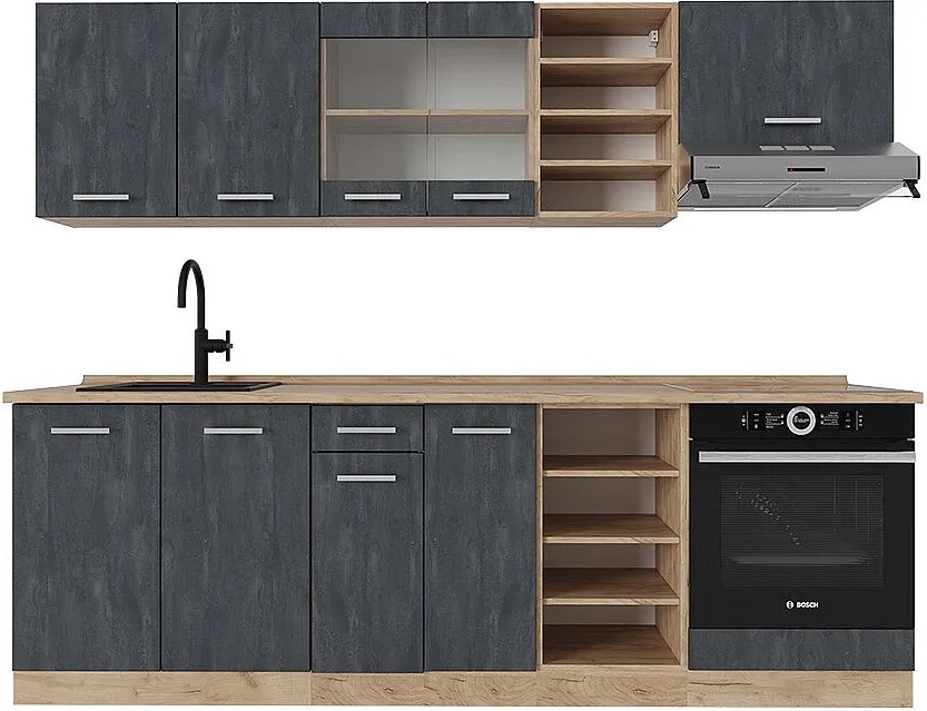 Zabudowa kuchenna czarny beton/złoty dąb 240x46x81.6 r-line