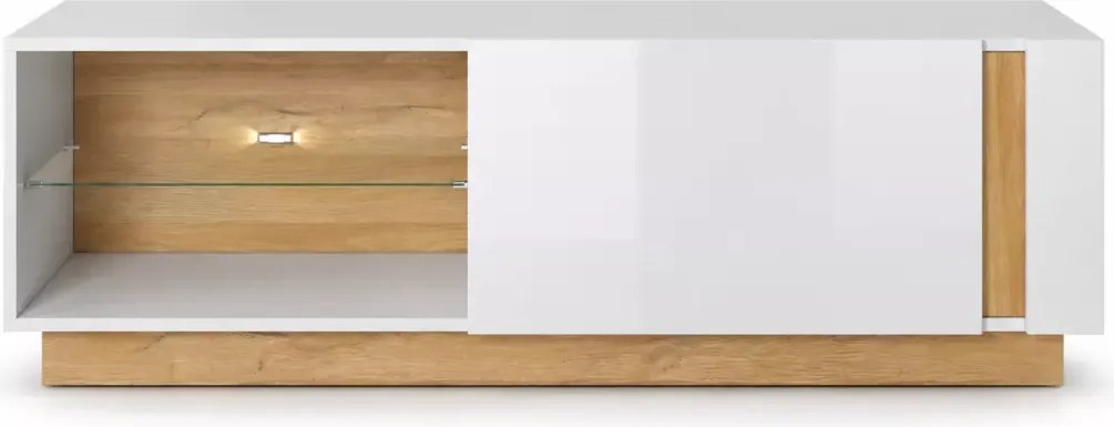 Szafka RTV Ariko 138 cm – w kolorze biały połysk / dąb grandson z przeszkloną półką