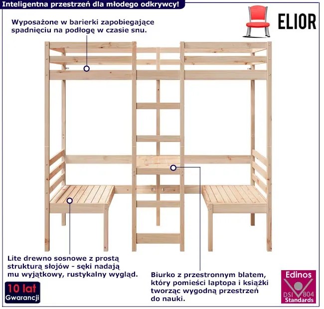 Łóżko piętrowe z biurkiem z litej sosny 90x200 - Kerbi 6X