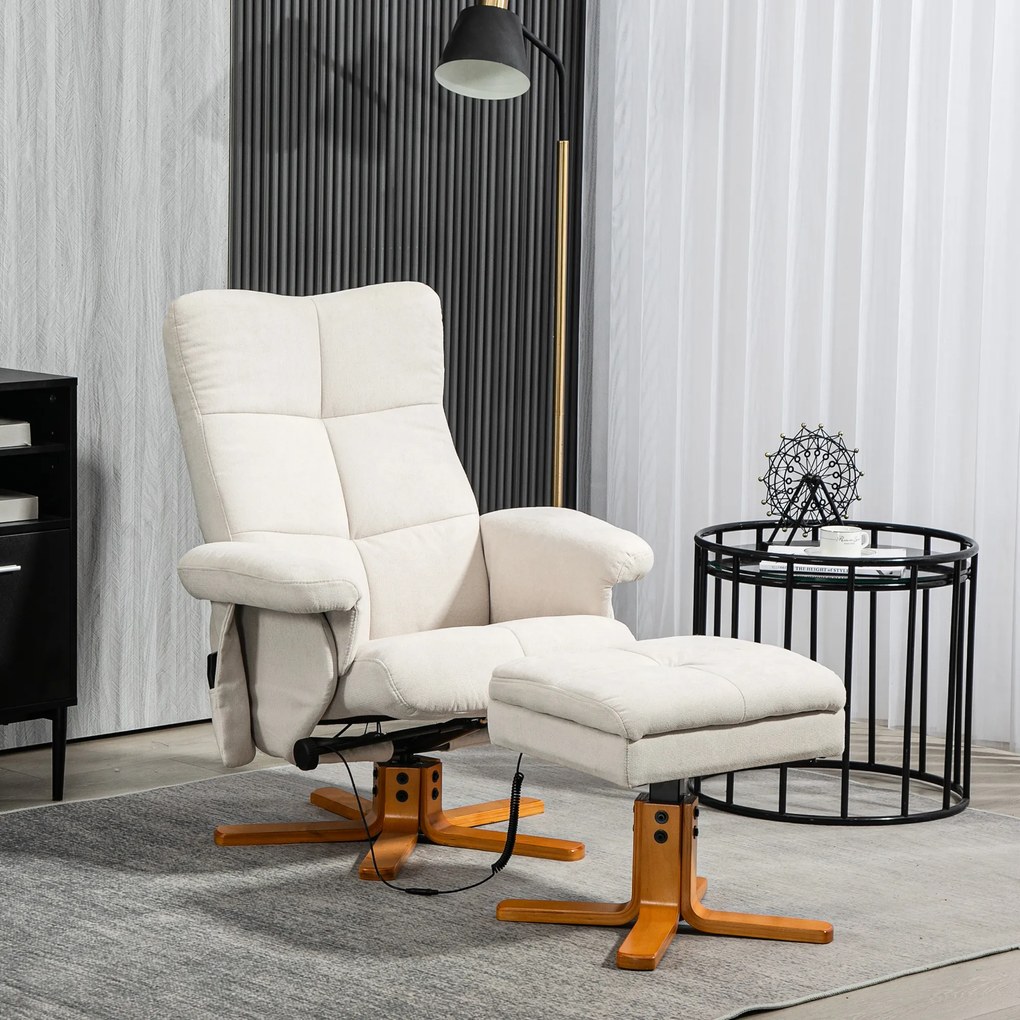 HOMCOM Fotel masujący z funkcją leżenia i podnóżkiem, nachylenie do 145°, Poliester, 80 x 86 x 99 cm, Kremowy