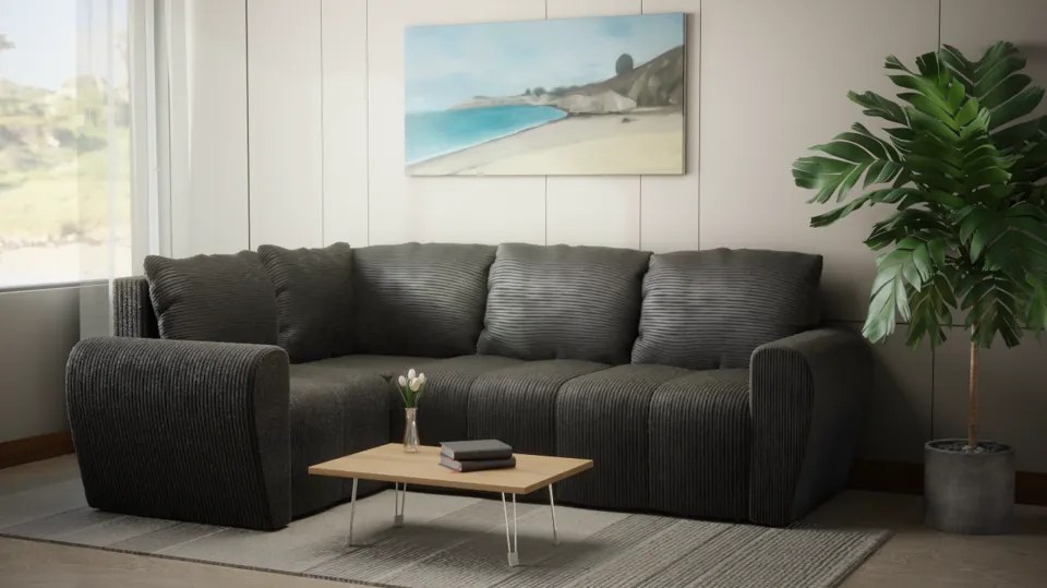 Komfortowa sofa narożna BUENO II z funkcją spania, tapicerowana w niebieskim kolorze, schowek pod siedziskiem