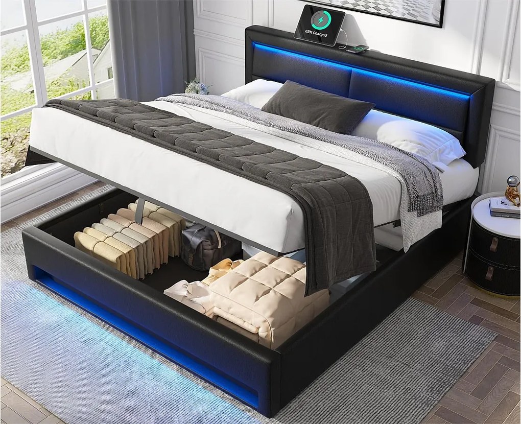 Łóżko z pojemnikiem 140x190 cm z ekoskóry z LED - z portami ładowania (przewodowymi i bezprzewodowymi) - Czarne