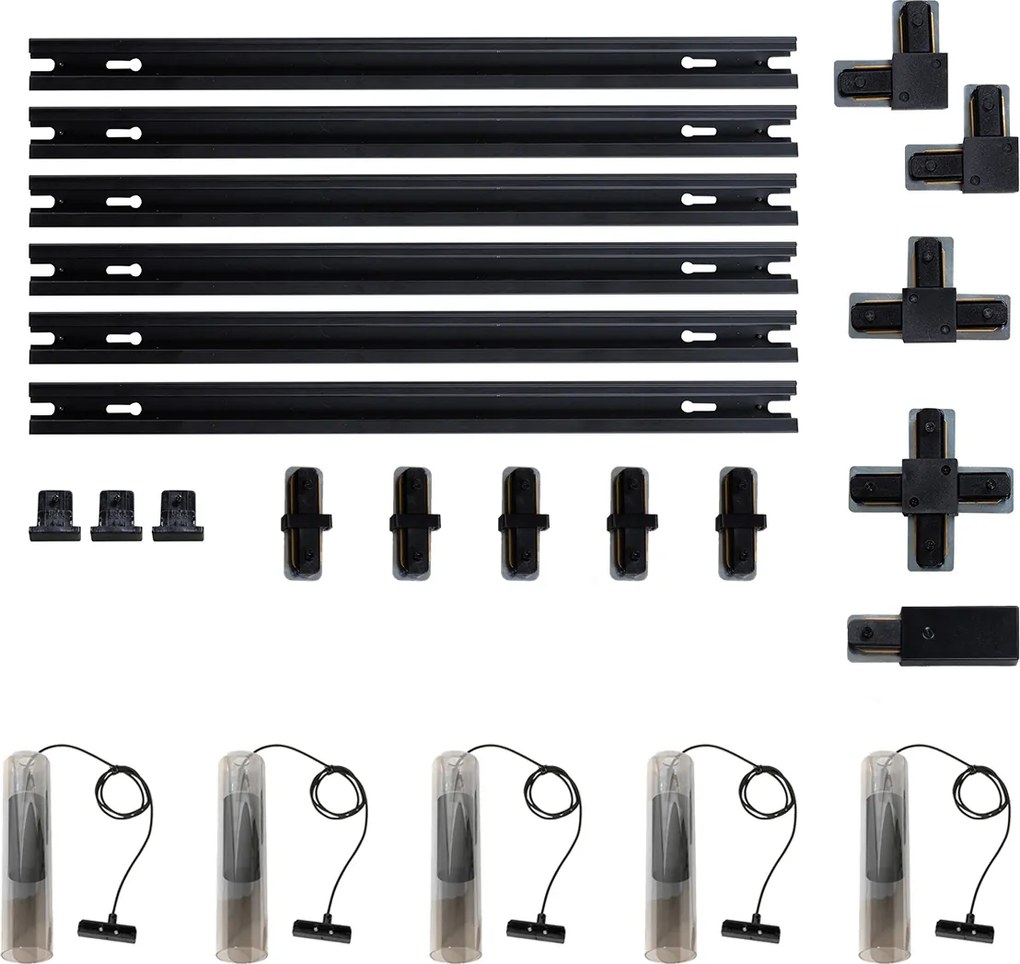 Nowoczesny system oświetlenia szynowego z 5 czarnymi lampami wiszącymi 1-fazowymi - Iconic Lloyd