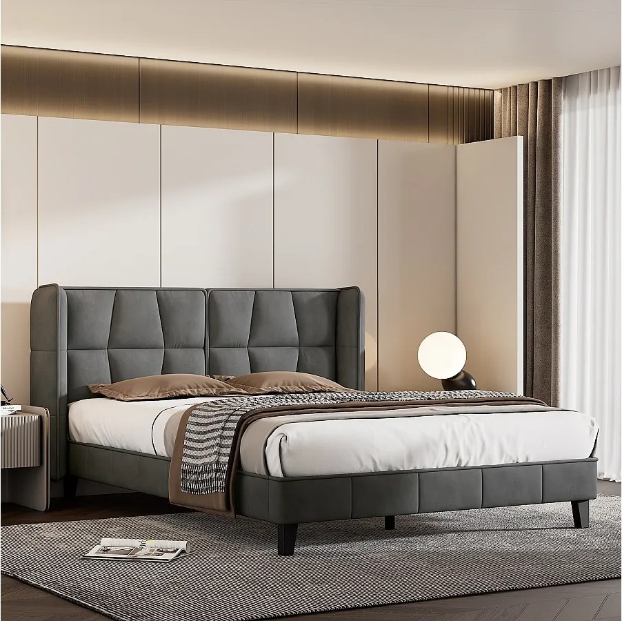 Łóżko tapicerowane z wezgłowiem - 140 x 200 cm - aksamitne - dla dorosłych i młodzieży - szare