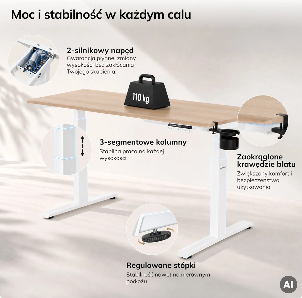 Biurko elektryczne z regulacją wysokości ergonomiczne białe/dąb sonoma,1400x700 mm: ARIA