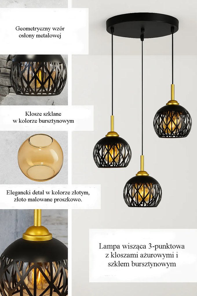 Lampa sufitowa metalowa loft klosz wisząca AT16-3SZ-Czarna