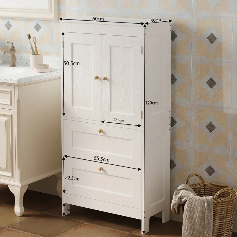 Regał łazienkowy / szafka wolnostojąca – biała – 120 cm – 2 szuflady + drzwiczki – styl loft