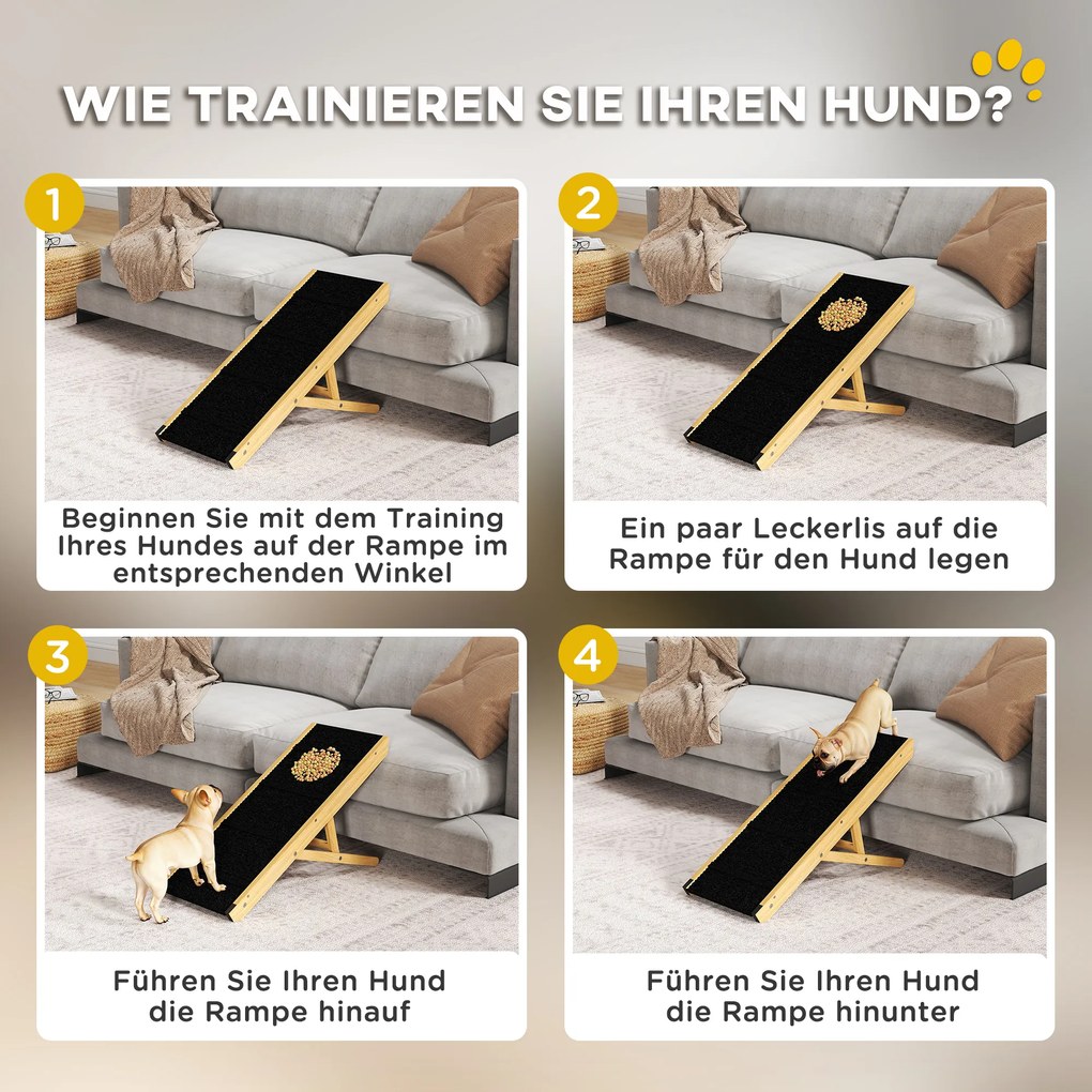 PawHut Rampa dla Zwierząt, Regulowana, 4-stopniowa, Antypoślizgowa, Składana, Drewno Sosnowe, dla Psów do 15 kg