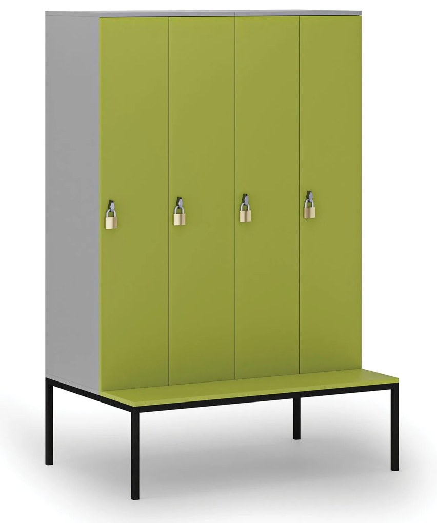 Drewniana szafa ubraniowa S4 z ławką, 4-drzwiowa, 1871 x 1200 x 500/800 mm, demontaż, zamek obrotowy, szary/zielony