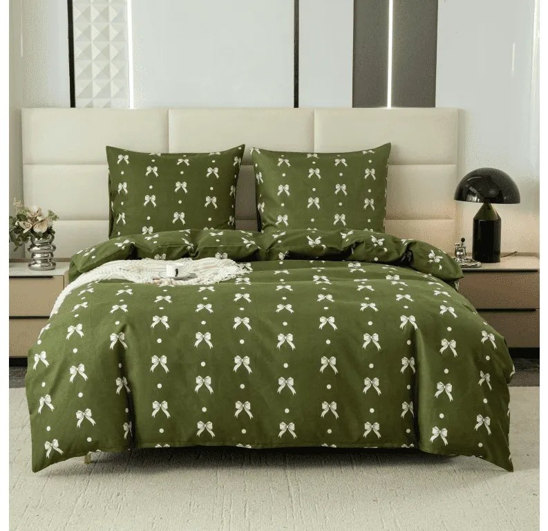 PrzytulneMieszkanie.pl PrzytulneMieszkanie.pl Flanelowa pościel z mikrofibry WHITE BOW zielona Rozmiar pościeli: 70 x 90 cm | 140 x 200 cm