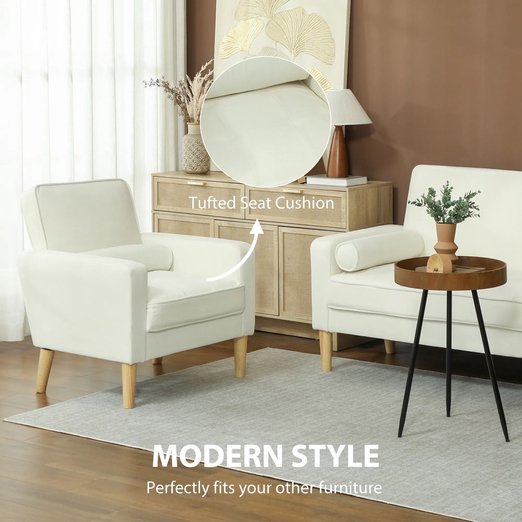 HOMCOM Fotel tapicerowany z podłokietnikami, nachylone oparcie, nogi z drewna kauczukowego, kremowy