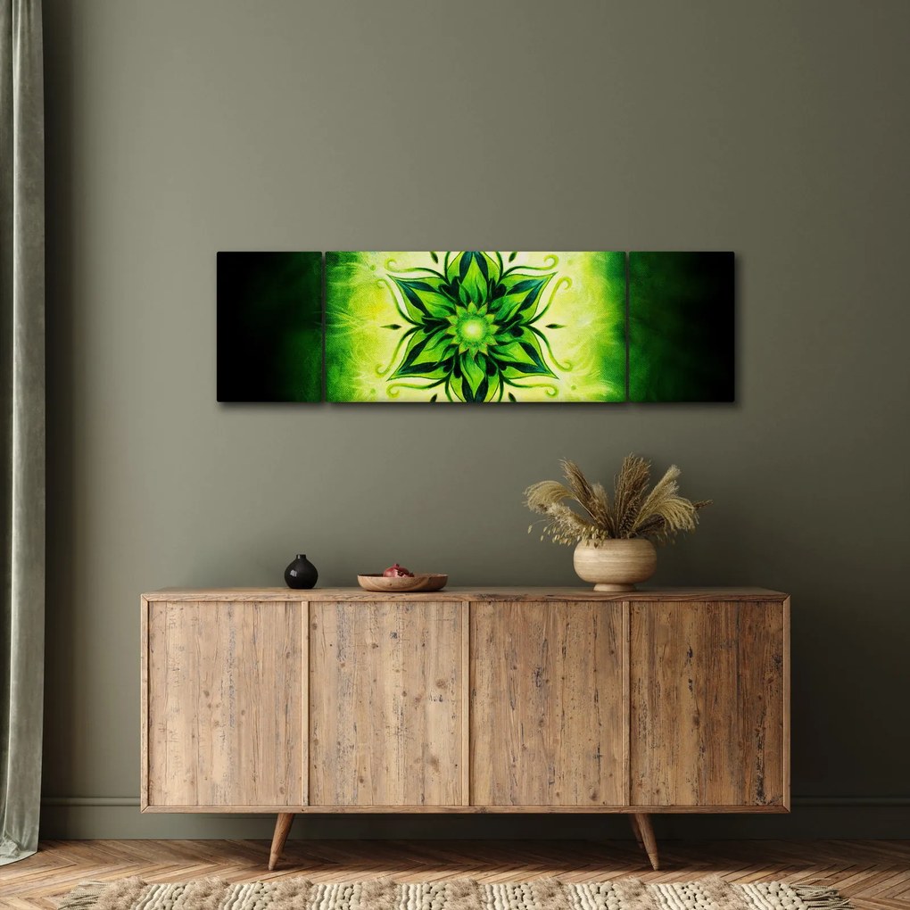 Obraz - Kwiatowa mandala na zielonym tle (170x50 cm)