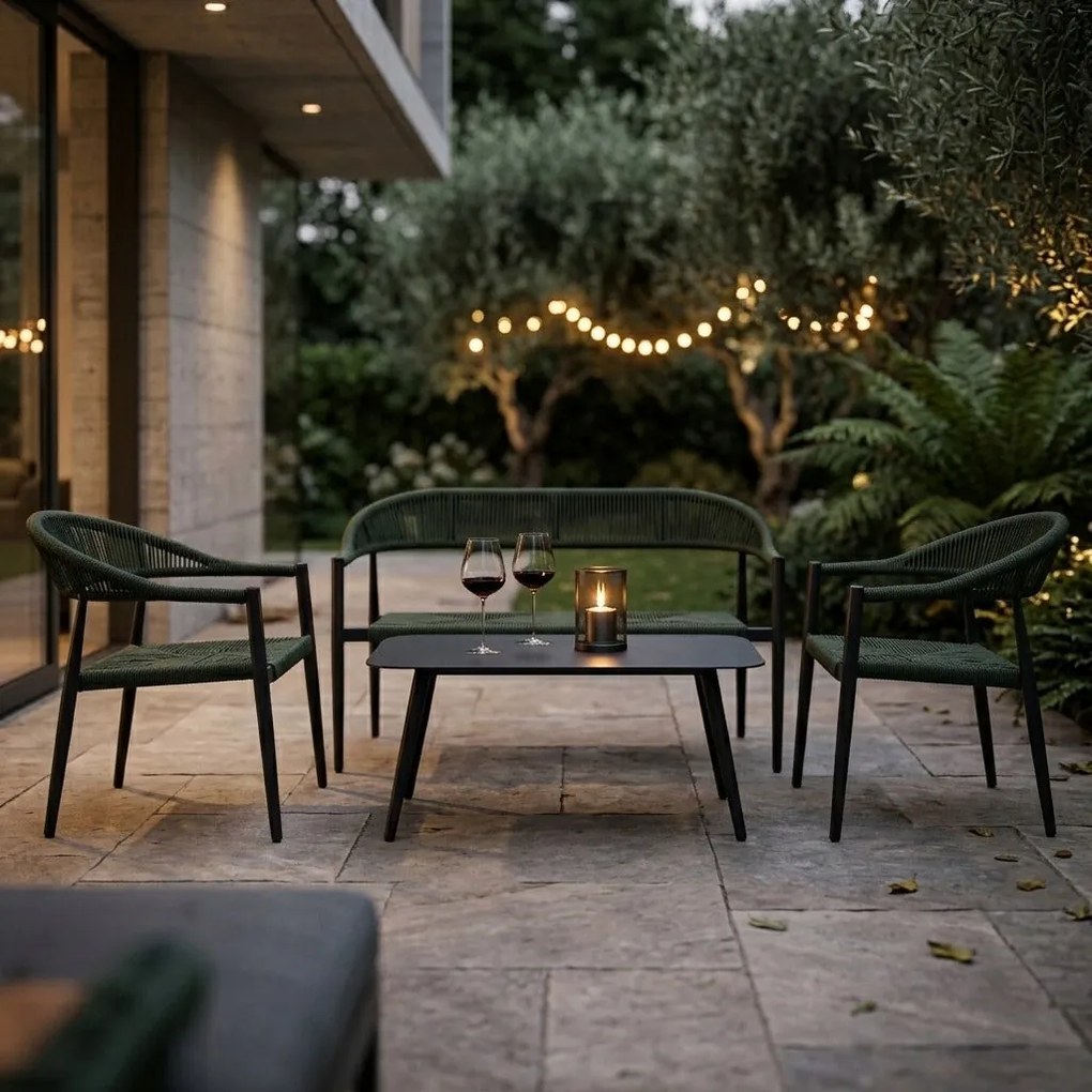 Zestaw mebli ogrodowych ciemnozielony, szara rama, ławka, 2 krzesła, stolik