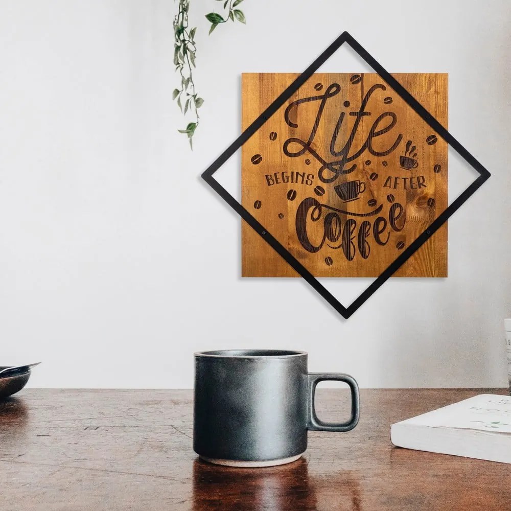 Drewniano-metalowa dekoracja ścienna 54x54 cm Life Begins After Coffee – Wallity