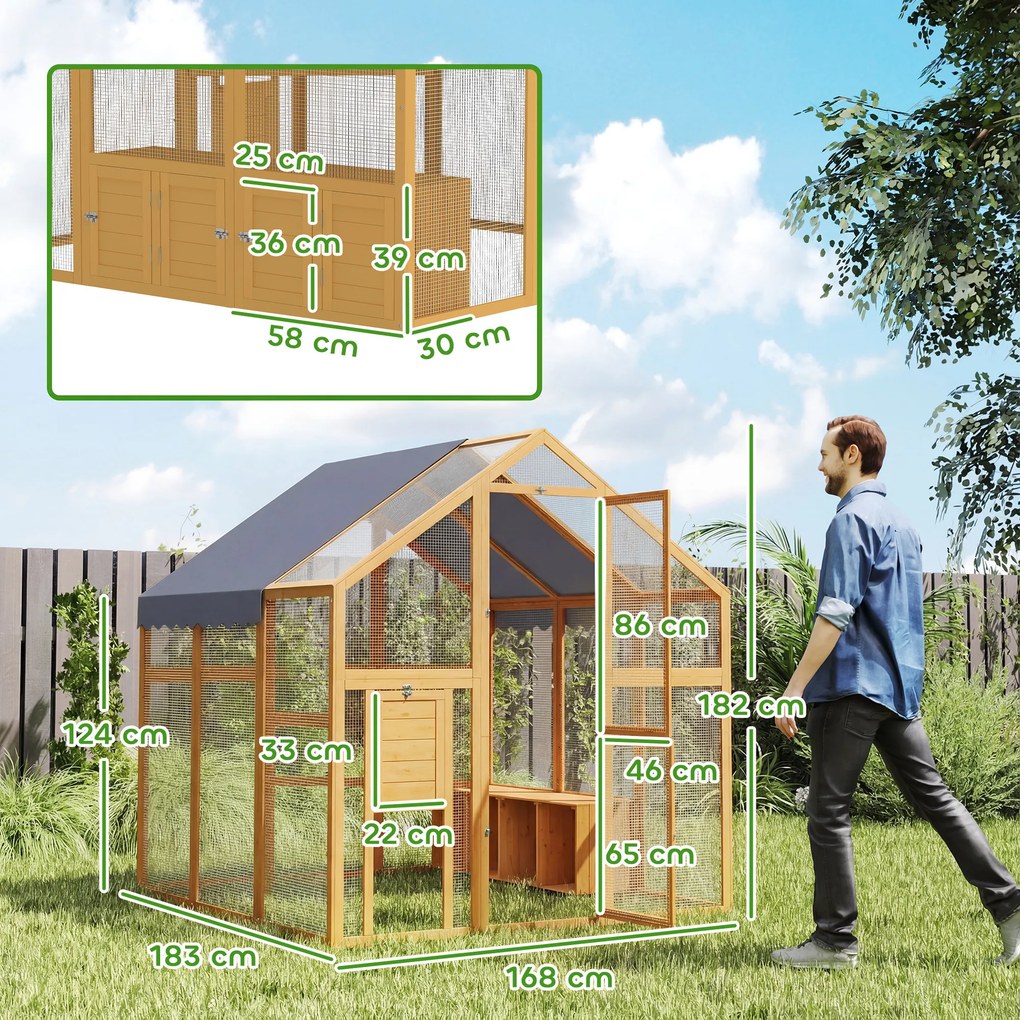 PawHut Kurnik 3,07 m² Wybieg drewniany z wodoodporną osłoną, zamkiem bezpieczeństwa, dla 6-8 kur 1,7 x 1,8 x 1,8 m | Aosom PL