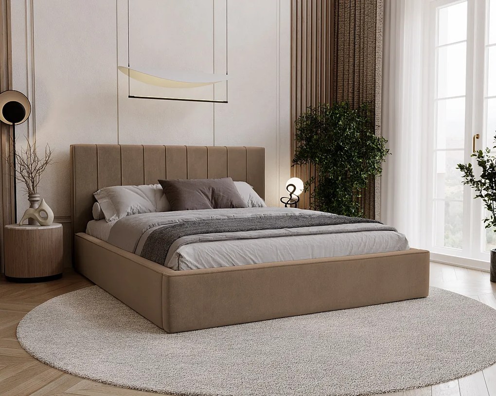 BESILIO Stylowe łóżko tapicerowane 160x200 Persea - stelaż metalowy, pojemnik na pościel, ozdobna lamówka - Brązowy