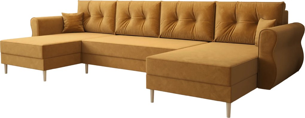 Rozkładana sofa narożna w kształcie U SILVIANO 300x140 cm, musztardowa + 2 poduszki GRATIS