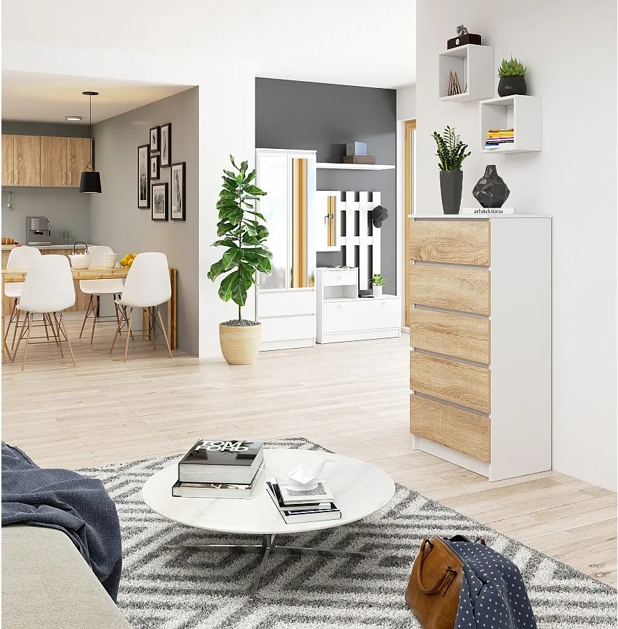 Komoda AKORD K60 Biała 60 cm 5 szuflad kolor Dąb Sonoma mat 60x40x121 cm